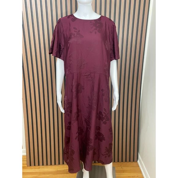 Ann Taylor Women's Dress Fit & Flare Jacquard Flutter Sleeve 18 Maroon Floral - Picture 1 of 11